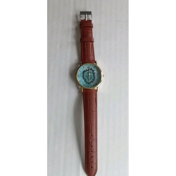 WZ‎ Agate Stone Watch Gold Tone Bezel Brown Leather Band Fashion
